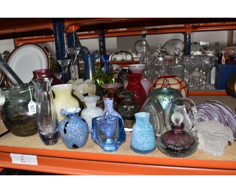 A COLLECTION OF COLOURED GLASS, comprising a 19th century hand painted glass pitcher depicting an English traditional fox hun