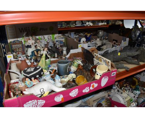 THREE BOXES AND LOOSE DECORATIVE ORNAMENTS to include two neo-classical style cast metal figures (both with signs of damage),