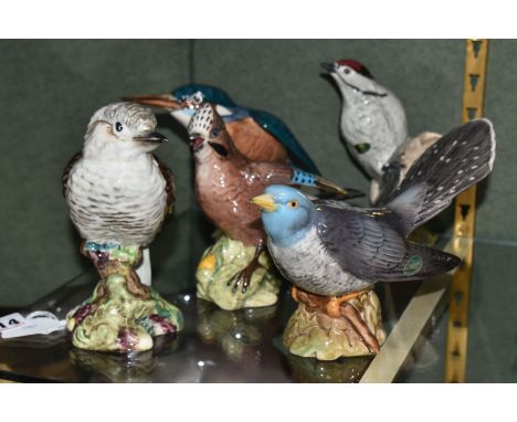 FIVE BESWICK BIRD FIGURES, comprising Cuckoo model no 2315, Lesser Spotted Woodpecker no 2420, Kookaburra no 1159, Jay no 241