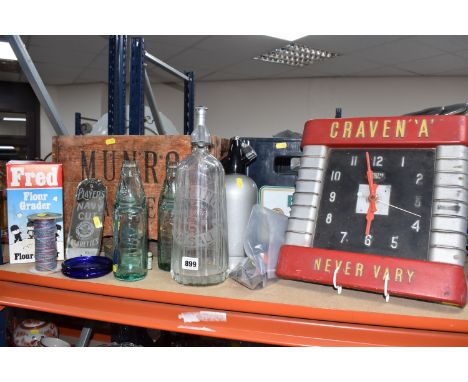 A GROUP OF VINTAGE ADVERTISING ITEMS to include a 'Smiths for Craven A cigarettes' wall clock height 33cm x width 32cm (broke