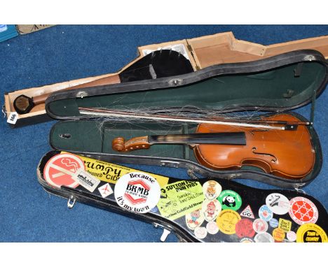 A VIOLIN, A CASE, AND A SCRATCH-BUILT INSTRUMENT to include a cased violin (many elements missing, chipped edges sold a/f), w