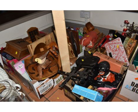 FIVE BOXES OF MISCELLANEOUS ITEMS to include a set of cast iron scales, vintage microscope slides, a quantity of assorted tre