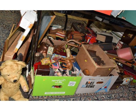 FOUR BOXES AND LOOSE SUNDRY ITEMS, to include a cuckoo clock with weights and pendulum, a vintage Gillette Aristocrat razor i