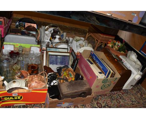SIX BOXES AND LOOSE MISCELLANEOUS SUNDRIES, to include a Casio 'Tone Bank' electric key board, a Janome 'New Home' electric s