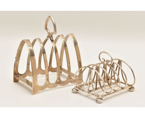 TWO SILVER TOAST RACKS, the first of a triangular form, hallmarked 'Robert Stewart' Sheffield 1933, the second a smaller scro