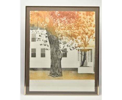 TESSA BEAVER (BRITISH 1932-2018) 'TULIP TREE', a limited edition aquatint etching depicting a tree before a house, signed tit