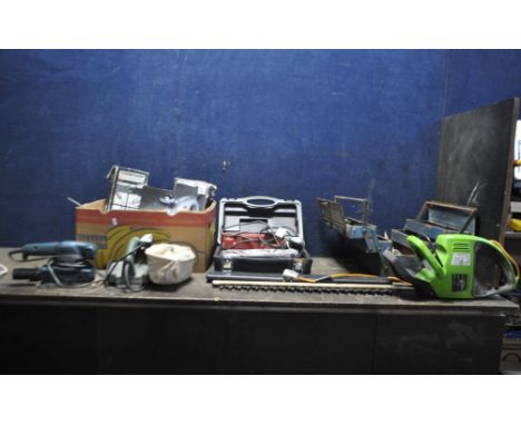 A COLLECTION OF POWER TOOLS AND A TOOLBOX containing sockets etc, a steering lock, a Bosch planer, a Champion belt sander, a 