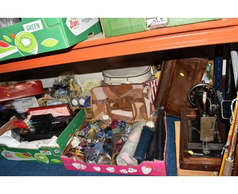 THREE BOXES AND LOOSE MIXED MISCELLANEOUS ITEMS to include a box of vintage men's ties in assorted patterns and umbrellas, a 
