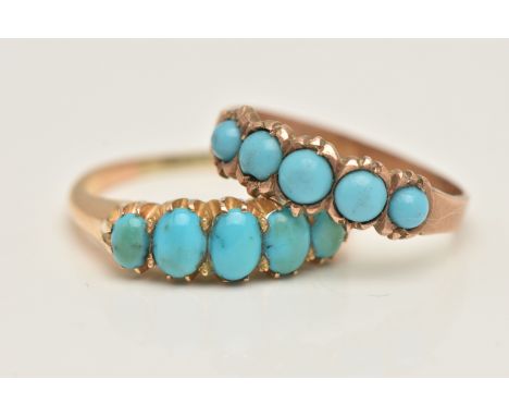 TWO TURQUOISE RINGS, the first a five stone ring prong set in rose gold, hallmarked 9ct Birmingham 1898, ring size L 1/2, app