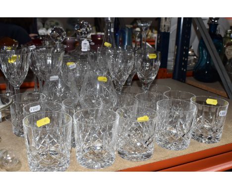 A GROUP OF CRYSTAL GLASSWARE to include six Royal Doulton wine glasses and six aperitif glasses, thirteen whisky glasses to i