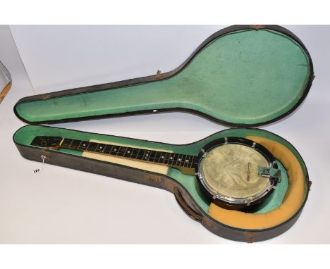 A CASED FOUR STRING UKELELE BANJO, adapted to take a fifth string, with closed back and mother of pearl inlaid fingerboard, l
