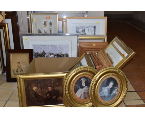 TWO BOXES OF ASSORTED PRINTS ETC, to include four Bernard Vogel Venetian scenes, a miniature  Liz Bishop limited edition etch