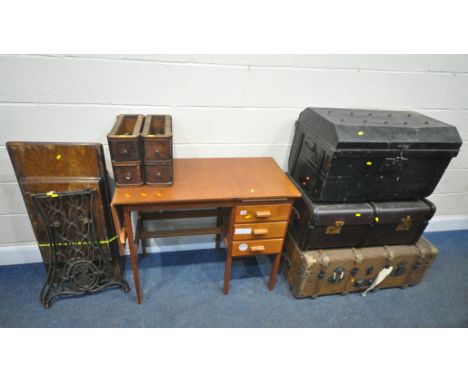 A BESPOKE 20TH CENTURY DESK, with a brushing slide, three drawers, and a drop end, two traveling trunks, a tin trunk, along w