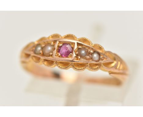 A 15CT GOLD GEM SET RING, a late Victorian yellow gold ring set with a circular cut ruby and four seed pearls, scalloped and 