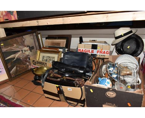 FIVE BOXES AND LOOSE MISCELLANEOUS ITEMS to include a set of cast iron Salter scales with a quantity of weights, a Whittards 