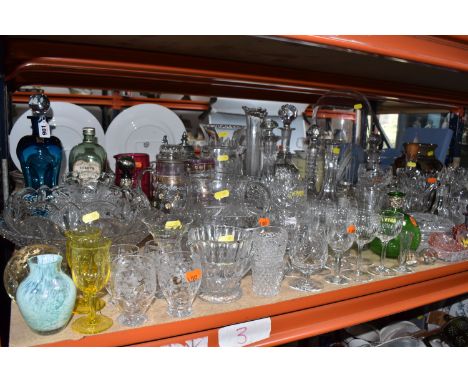 A LARGE COLLECTION OF ASSORTED GLASSWARE to include a blue Holmegaard 'cluck cluck' decanter (nibbles to the stopper), a gree