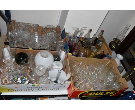 FOUR BOXES AND LOOSE ASSORTED GLASSWARE to include a Duplex oil lamp, height 53cm, a box of assorted glasses to include aperi