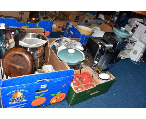 THREE BOXES AND LOOSE KITCHENWARE, to include a DeLonghi 'Nespresso', a Dualit filtered coffee maker, a vintage Kenwood food 