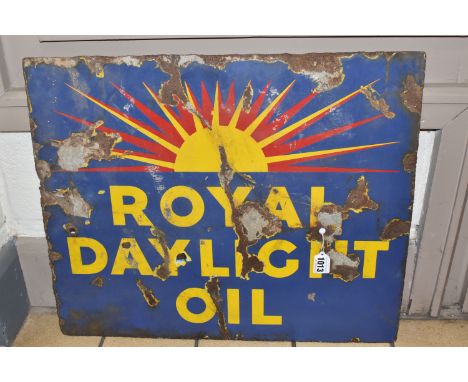 A DOUBLE SIDED ENAMEL SHOP ADVERTISING SIGN, an early 20th century original Royal Sunlight Oil sign, yellow lettering on a bl