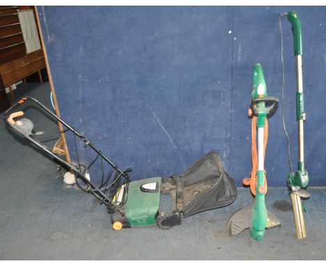 A B&amp;Q FPLR400 LAWN RAKER with collection box, a Black and Decker Strimmer and a Coopers cordless hedge trimmer with two b