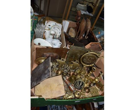 THREE BOXES OF METAL WARE, CERAMICS, GLASS AND TREEN, to include a collection of brass wares, a Shelley Maytime toast rack, w