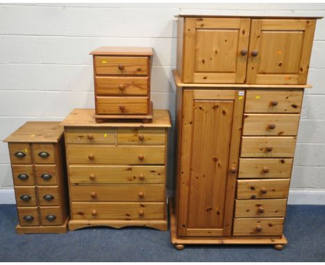 A SELECTION OF MODERN PINE FURNITURE, to include a wardrobe, fitted with three cupboard doors, and seven drawers, width 88cm 