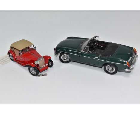 A BOX OF TWO DIE CAST CARS to include a Franklin Mint Precision Model 1948 MGTC Roadster length 15cm, and a  green Kyosho 1/1