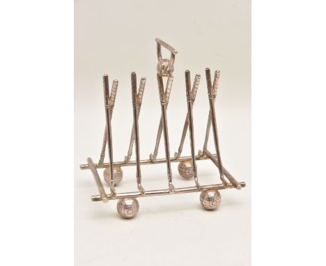 A 'WALKER &amp; HALL' NOVELTY GOLF SILVER PLATE TOAST RACK, four section rack with clubs and golf balls as feet, signed to th
