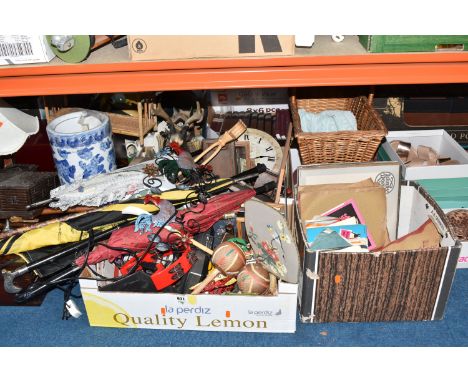 THREE BOXES AND LOOSES MISCELLANEOUS SUNDRIES, to include a quantity of table lamps, umbrellas, walking sticks, a 'Stagg' tam