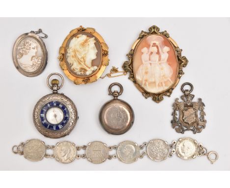 AN ASSORTMENT OF JEWELLERY AND WATCHES, to include three cameo brooches, a sixpence bracelet, a silver medal, hallmarked Birm