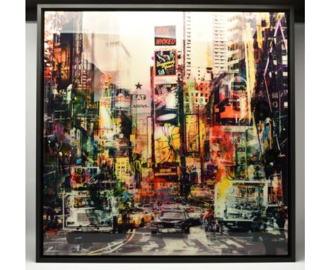 PACO RAPHAEL (DUTCH 1975) 'TIMES SQUARE', a composition of iconic New York scenes, signed bottom left, mixed media on alumini