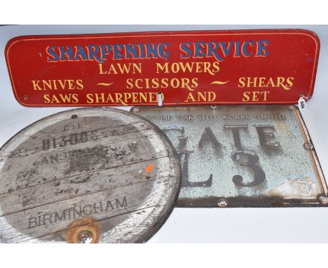A GROUP OF THREE VINTAGE ENAMEL AND HANDPAINTED SHOP SIGNS, comprising an original wooden Ansell's Brewery of Birmingham barr