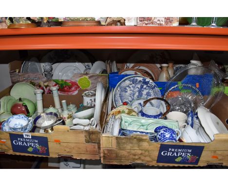 FOUR BOXES OF CERAMICS AND DINNERWARE, to include a Carlton Ware 'Apple' tea ware, a Burleigh Ware 'Seaside' design posy hold