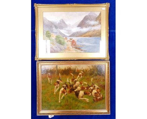 Oil painting of dogs by Rowlandson & Thorley watercolour: Oil painting on canvas of hunting dogs by J D (?) Rowlandson 37cm x