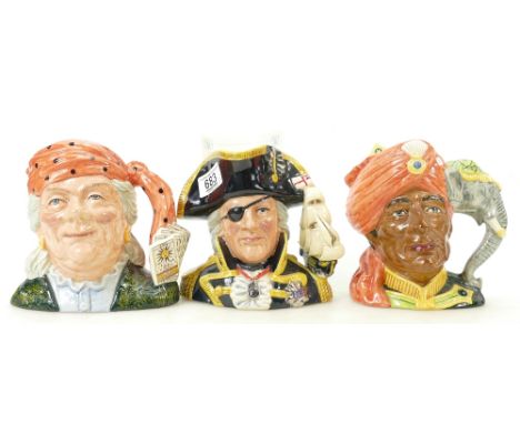 Royal Doulton Large Jugs of the Year Character Jugs: Nelson D6932,  The Fortune Teller D6874 &amp; Elephant Trainer D6857(3)
