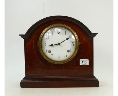 Mahogany inlaid large mantle clock, ticking order, key, 30cm high: