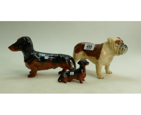 Beswick dogs to include: Bulldog 965, Black and Tan Dachshund 3013 and similar smaller item(3)