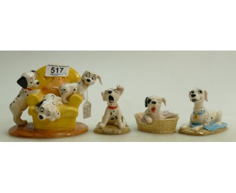 Royal Doulton 101 Dalmatians: Pups in the Armchair DM11 (signed to base), Penny DM2, Perdita DM7 and Patch in the Basket DM9.