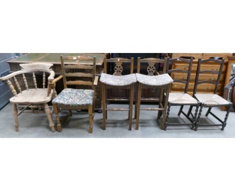 Group of Chairs: to include smokers bow chair, ladder back carver, 2 stools &amp; 2 rush seated ladder back chairs. (6)