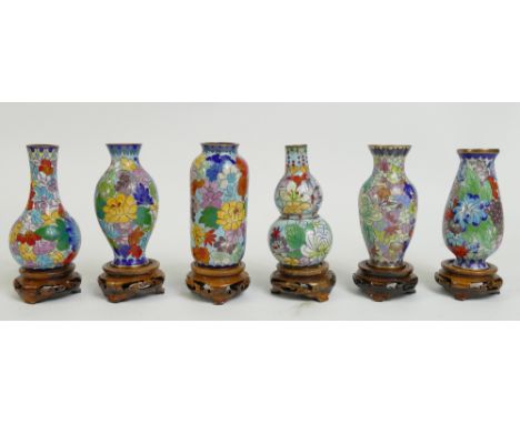 6 cloisonne enamel vases &amp; wooden stands, 10cm high appx: