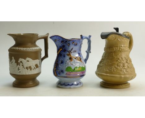 W Ridgway &amp; CO Hanley Salt Glazed Jug with metal lid: together with two other jugs one with a hunting scene (small underg