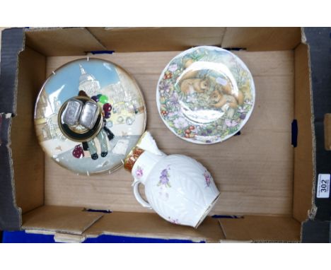 A collection of pottery: Pottery to include Coalport Caughley mask jug, Royal Doulton character plates etc (6)