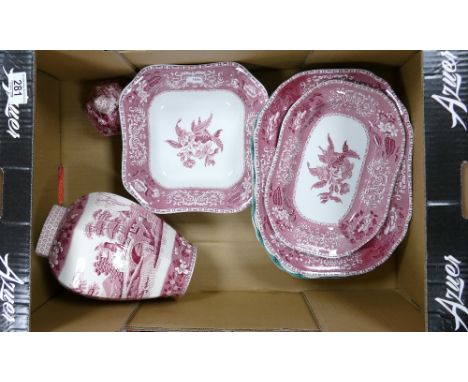 A mixed collection Spode items to include: Pink Tower Octagonal lidded jar , Pink Camilla &amp; Avondale patterned platters e