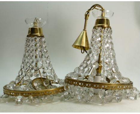 20th Century Basket Chandelier: Brass &amp; Crystal in the Empire style( one in need of repair)(2)