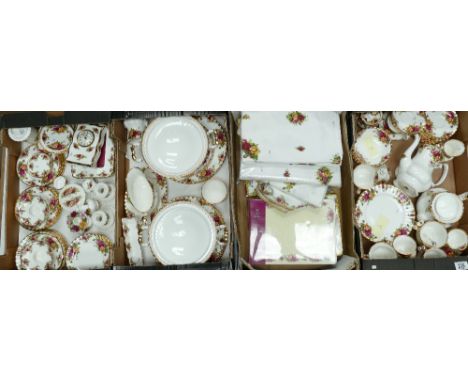 Large Collection of Royal Albert, old country roses items: to include tea set, coffee pot, place mats, table cloths, tureens,