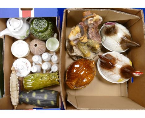 A collection of items to include: ceramic egg keeps, tramp figure, foreign part coffee set etc (2 trays)