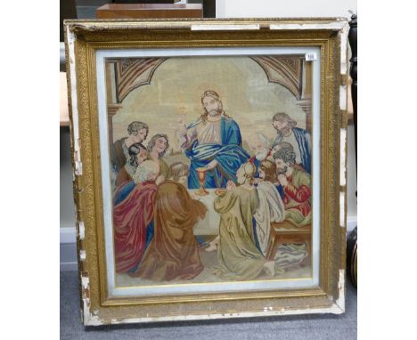 Very large Framed Berlin Wool Tapestry in Distressed Gild Frame: Signed and dated of the  Last Supper, 85cm x 75 cm