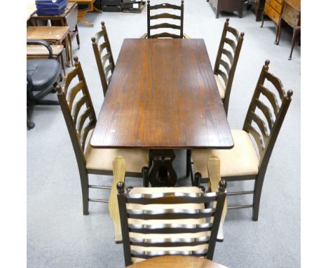 Oak rectory table: together 6 beech ladder back chairs ( 2 carvers). (7)