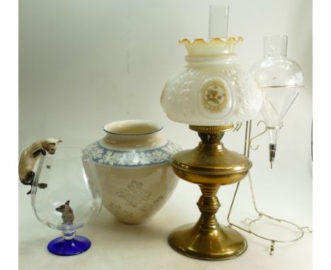 A large Wedgwood Interiors vase: ( chip to rim, a large brandy glass with cat and mouse ( cat tail has been reglued), brass o