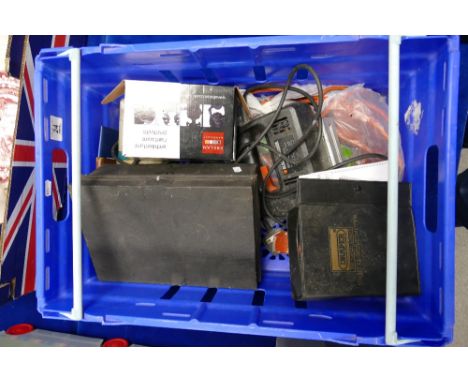 A mixed collection of hardware items to include: tools, multi meters, jig saw, tin boxes, power lead